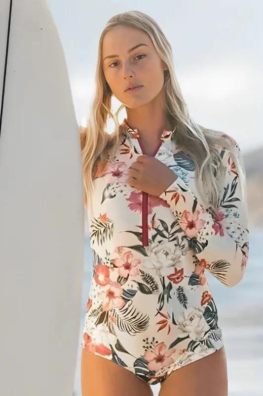 Pink Floral Zip Long Sleeve UPF50 Rash Guard for Sun Protection - Love Salve